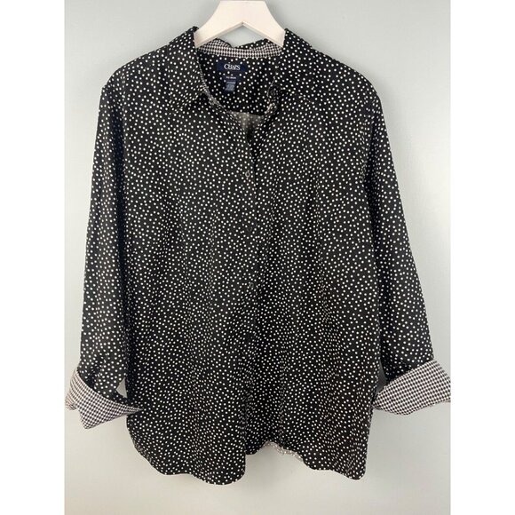 Chaps No Iron Women's 2x Polka Dot Button Down Top Flip Cuff Black White - Picture 1 of 6
